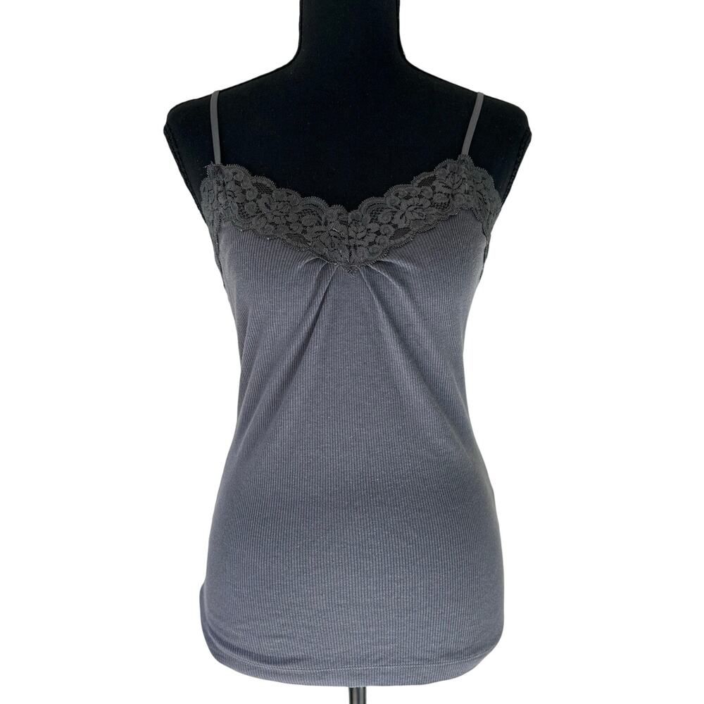 Worthington Stretch Gray Lace Trim Ribbed Cami Tank Top Y2K Coquette S